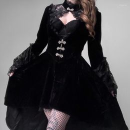 Lässige Kleider Dark Retro Herbst Viktorianisches Kleid Frauen Gothic Cosplay Kostüm Vintage mit Kragen Schwarz Spitze Lange Laternenhülse