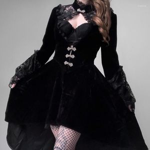 Vestidos casuales Retro oscuro otoño vestido victoriano mujeres gótico Cosplay disfraz Vintage con cuello negro encaje manga larga linterna