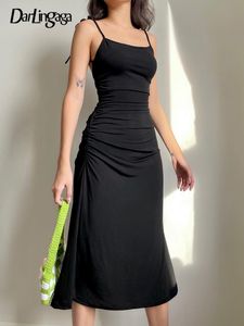 Casual jurken darlingaga mode strappy ruches sexy zwart onregelmatige elegante backless long -feest zomer vrouwen kleding 230216