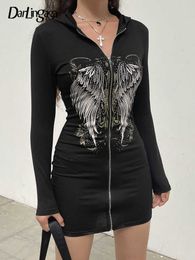 Robes décontractées darlingaga gothique grunge fairycore ailes imprimées graphiques zipper à capuche bodycon robe femme sombre universitaire mini-robes y2k g230208