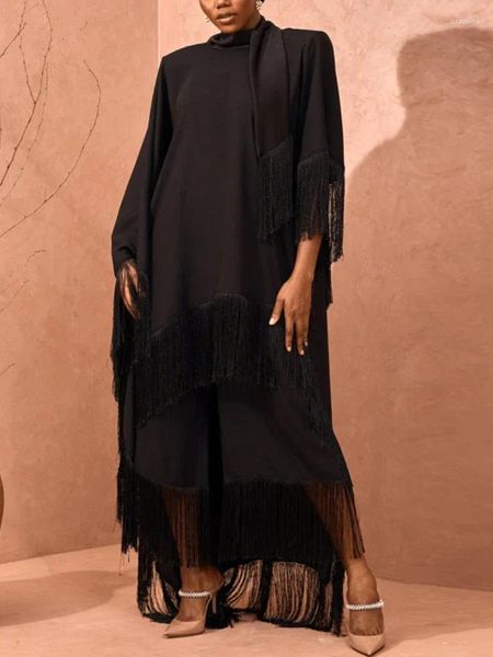 Robes décontractées Dashiki Abaya Gland avec écharpe Robe longue en vrac Femmes Fringe Patchwork Dos nu Manches irrégulières Robes de robe surdimensionnées