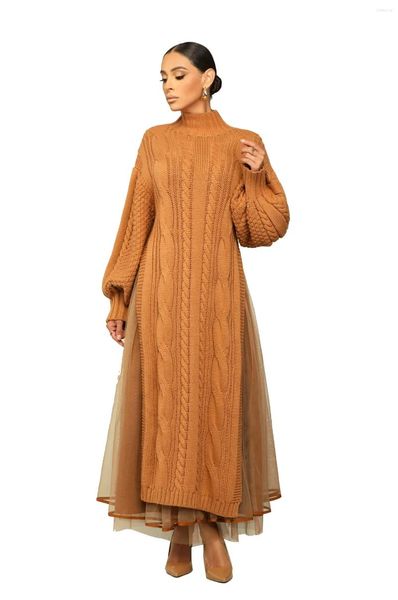 Robes décontractées de chariris femmes à manches longues à manches longues en tricot en tricot plissé maxi bodycon