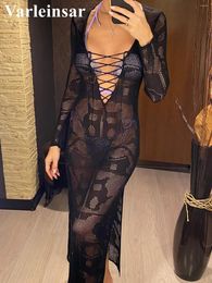 Casual Jurken Diepe V Jurk Lace Up Lange Mouwen Vrouwen Split Maxi Gehaakte Gebreide Tuniek Mesh Sheer Sexy Bodycon vestido V4146B