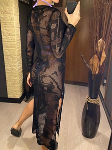 Casual Jurken Diepe V-jurk Lace Up Lange Mouw Vrouwen Split Maxi Gehaakte Gebreide Tuniek Mesh Sheer Sexy Bodycon vestido