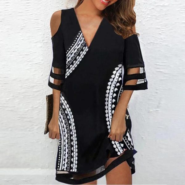 Robes décontractées Col en V profond Sheer Mesh pour femmes 2024 Off Épaule Robe à manches courtes Une ligne Summer Femme Vêtements