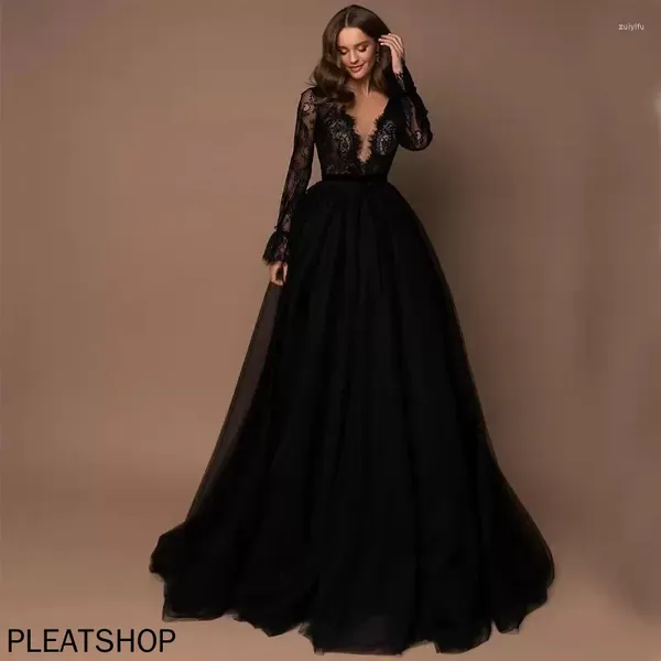 Robes décontractées Deep V Neck Wedding Gothic Lace Manches longues Bouches nuptiales Full Longueur Black A Line Garden Sexy