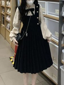 Casual Jurken Deeptown Koreaanse Stijl Leuke Zwarte Overall Jurk Vrouwen Kawaii Preppy Lolita Een Stuk Lange Mouw Mini Tuniek Jk Uniform