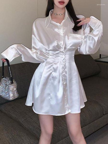 Robes décontractées Deeptown Style coréen blanc Mini chemise en Satin robe femmes bureau dame élégant Chic sensuel Sexy à manches longues tunique en soie