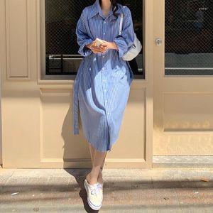 Casual Jurken Deeptown Kantoor Dame Lint Blauw Gestreepte Shirt Jurk Vrouwen Koreaanse Mode Elegante Stukken Lange Mouwen Midi Esthetische