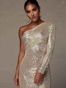 Casual jurken beschrijven Teger sexy een schouderjurk Sparkle blitzy pailletten mesh patchwork celebrity kerst feestvestidos