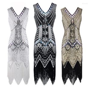 Robes décontractées Deluxe Ladies 1920s Roaring 20s Flapper Gatsby Costume Sequins Dress V-Neck Tassels Bodycon Beaded Party Evening