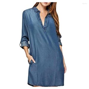 Robes décontractées Denim robe pour femmes 2022 automne bleu col en v à manches longues Mini grande taille lavé chemise Vestidos