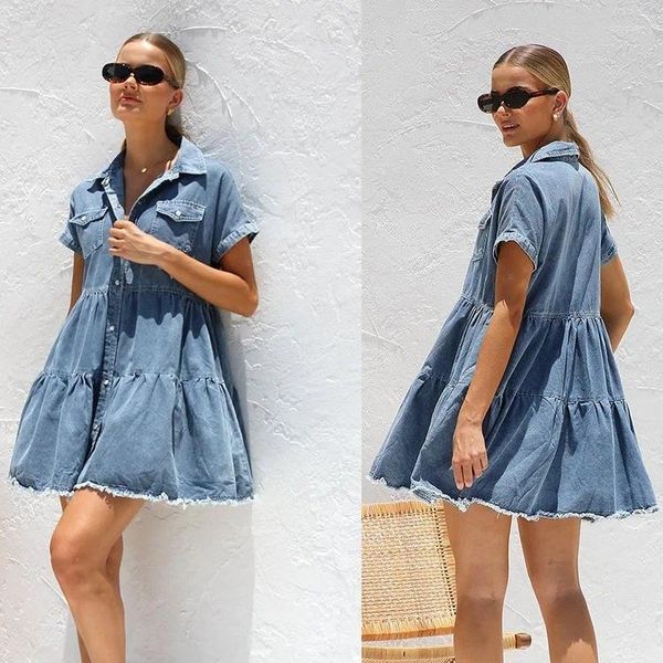 Robes décontractées en denim robe femme une ligne mini-jeans chemise simple poitrine à manches courtes à manches courtes vers le col en liberté y2k maxi vestidos