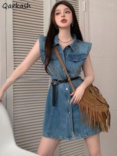 Robes décontractées Denim Mini Femmes Vintage Mode Sans manches Tendre Streetwear All-Match Mujer Single Breasted Summer Ulzzang Hipster