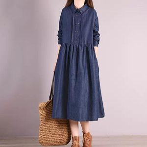 Casual jurken denim shirt jurk jurk met lange mouwen vintage lente herfst dames afslaan kraag a-line midi met zakken jeans gewaden
