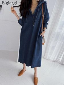 Casual jurken denim lente haped midi jurk vrouwen Koreaanse stijl los geplooide mode dames lange mouw vrouw