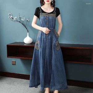 Casual Jurken Denim Band Jurk Vrouwen 2024 Lente Zomer Retro Borduren Lange Jeans Mode Verstelbare Bretels Vestidos