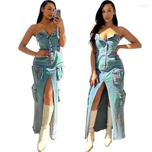 Robes décontractées Denim Bustier Cargo Robe Multi Poches Tie Dye Imprimer Femmes Mode Sexy Sans Manches Dos Nu Split Maxi Jeans