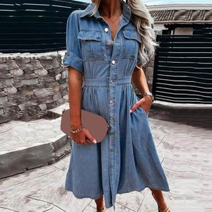 Vestidos casuales Denim Summer Qutfits Vestido Multi Pocket Single Button Turtleneck Half Sleeeve Slim Cintura Femenina