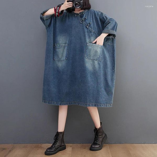 Robes décontractées en denim Femmes s'habillent une ligne poches coréennes mode o coude dame longue femelle yoyikamomo