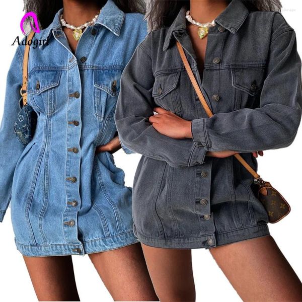 Robes décontractées en denim femmes mini robe solide à manches longues bouton mince jean 2024 Automne d'entraînement actif