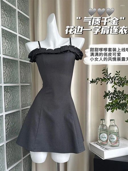 Vestidos casuales Diseño Gris A-Line Vestido Elegante Sexy Kpop Frocks Vestido de fiesta Mujeres Simple Streetwear Spaghetti Strap Banquet Party Y2K