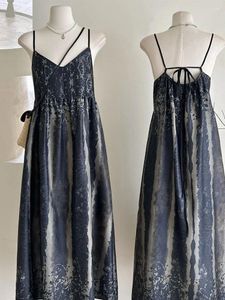 Vestidos informales Design Navy Spaghetti Strap Dress Elegant Coquette Lace Up Gown Gown Women High Street A-Line Streetwear Summer
