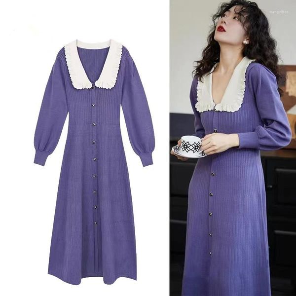 Robes décontractées Designer Automne Hiver Violet Tricoté Longue Robe Vintage Femmes Simple Boutonnage Blanc Col De Poupée Lanterne Manches Pull