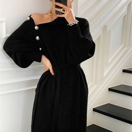 Robes décontractées Designer Noir Tricots Pull Robe Femmes 2022 Pollover Épais Tricoté Femme Coréen Chaud Hiver Jumper Solide