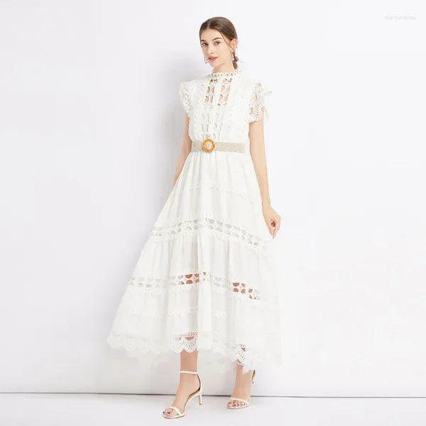 Vestidos casuales Ropa de diseñador Color sólido Industria pesada Vestido largo 2023 Moda de verano Sin mangas Ahueca hacia fuera Elegante Blanco