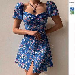 Vestidos casuales vestidos de diseñador nuevo vestido para mujeres de verano manga de burbujas floral botón frontal botón decorativo vestido para mujeres vestidos de verano