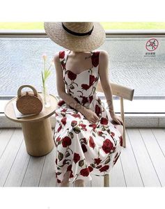 Casual jurken Designer Jurk Seaside Vakantie Romantische roos lange jurk Fairy jurk mouwloze schouderophangende bloemenvestrok voor vrouwen plus size jurken
