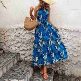 Vestidos informales Vestidos de diseñador de la moda de verano para mujeres cuello colgante y cintura estampada vestidos bohemio de talla grande