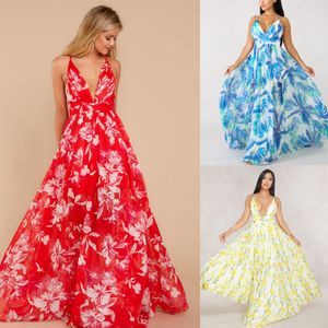 Vestidos casuales Diseñador para mujeres Sexy Sin tirantes Sexy Cuello en V Sin espalda Vestido maxi de gasa con patrón floral de moda Vestido suave 2024 Vestido de fiesta femenino de primavera