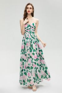 Robes décontractées Designer inspiré femmes vert imprimé fleuri robe sans bretelles haute qualité piste mode pour l'été 2023