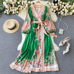 Robes décontractées Designer Runway Femmes V Cou Maxi Robe Élégant Printemps Fleur Imprimer Vert Lacu Up Bow Dames Vacances Longues Robes