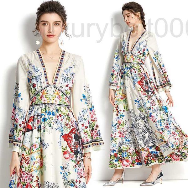 Robes décontractées designer vacances manches évasées femmes robe vintage 2022 concepteur de piste floral imprimé mince une ligne printemps automne mode bureau dame L8Z1