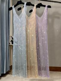 Casual jurken diamant feesttank jurk diep v-neck sexy lange strass mesh mesh bottom elegante club lady vestidos