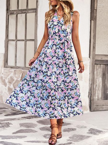 Casual Dresses DICLOUD Bohemian Holiday Beach Maxi Kleid Frauen Ärmellose V-Ausschnitt Boho Lange Weibliche Blumendruck Elegante Vestidos Robe 2023
