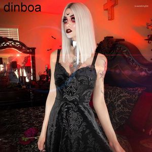 Robes Décontractées Dinboa Femmes Gothique Vêtements Patchwork Punk Dentelle Robe Noir Sangle Fête Femmes Fantaisie Halloween