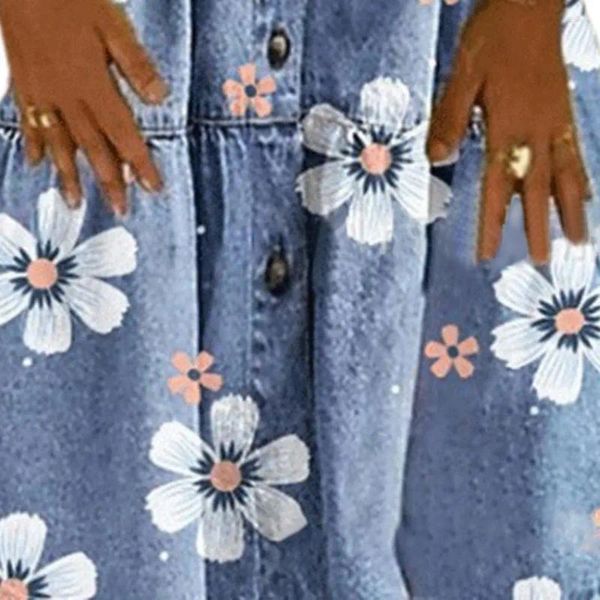 Robes décontractées robe en denim en détresse genou-longueur femmes boutons respirant col rabattu imprimé floral