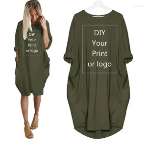 Casual jurken Diy Your Like Po of Logo Autumn Dames Fashion Pocket Loose Dress Ladies Crew Neck Long Girl Tops