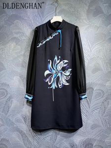 Casual Jurken DLDENGHAN Lente Mini Jurk Vrouwen Stand Kraag Lantaarn Mouw Kralen Disc Gesp Bloemenprint Chinese Stijl Mode