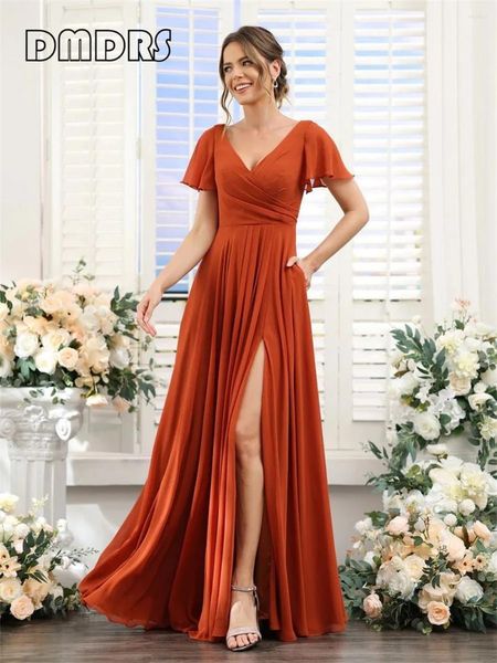 Vestidos informales DMDRS |Vestido de fiesta elegante de gasa con cuello en V para mujer, manga corta acampanada, corte en A, abertura lateral, espalda descubierta, noche Formal larga