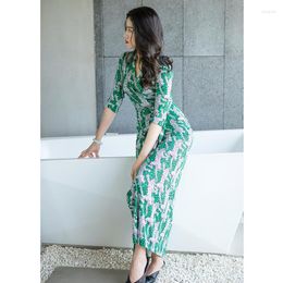 Casual Dresses DMLFZMY Printed Maxi Dress Women Vintage Green V Neck Short Sleeve High Waist Wrap Skirt Ladies Elastic Slim Split Long