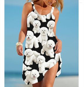 Vestidos casuales Estampado de perros Sexy Girl Sling Vestido de playa Elegante verano Moda para mujer Salida Midi Patry Sin mangas