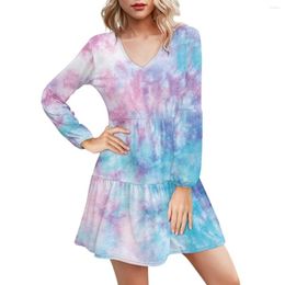 Robes décontractées Doginthehole jolie multicolore cravate teinture robe à volants automne manches amples taille haute plage pour les femmes Vestidos