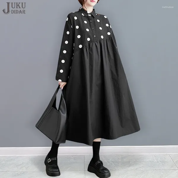 Robes décontractées Dots Imprimer Revers Manches longues 2023 Automne Style coréen Longue Chemise noire Robe Coupe ample Chic Grande Robe JJXD569