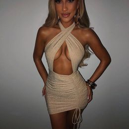 Casual jurken Drawstring verband Bodycon Ruched Glitter Women Hollow Out Party Club Outfits Summer Halter Backless Mini Dress 2023