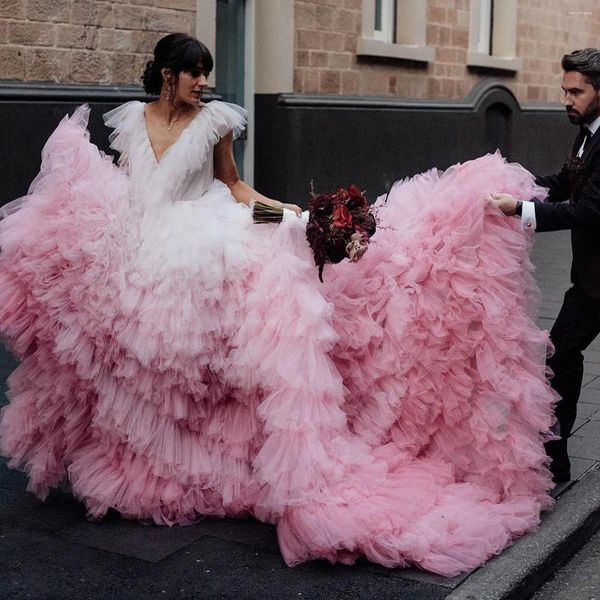 Robes décontractées Dream Pink Wedding Bridal Poshoot Robe Extra Long Train Tiered Tulle Pographie Robe Occasion Robes